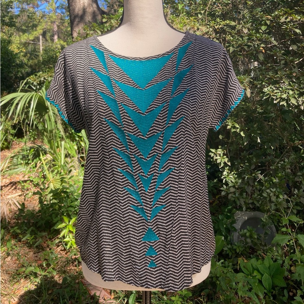 Chevron Short Sleeve Top - Black, White & Teal, THML, Y2K